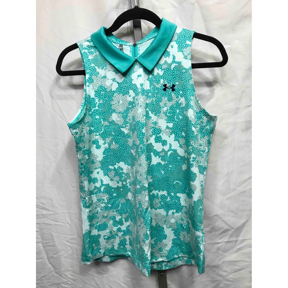Under Armour Womens Sleeveless Golf Polo Shirt Teal Camo Athletic Fitted Size SM